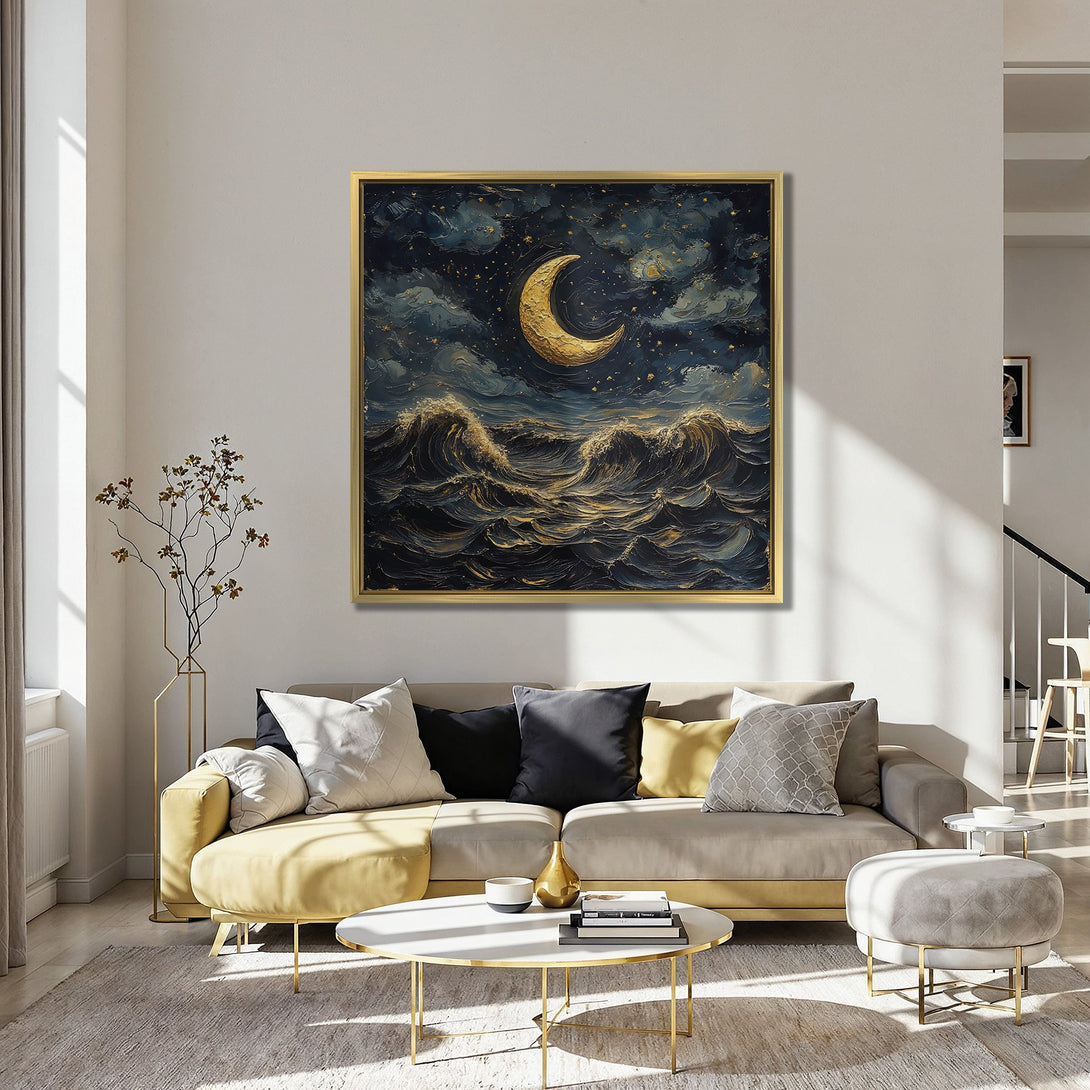 Canvas Print of a golden moon and ocean scene in a dark, moody style. Features a navy and gold color palette, perfect for adding drama to any space.