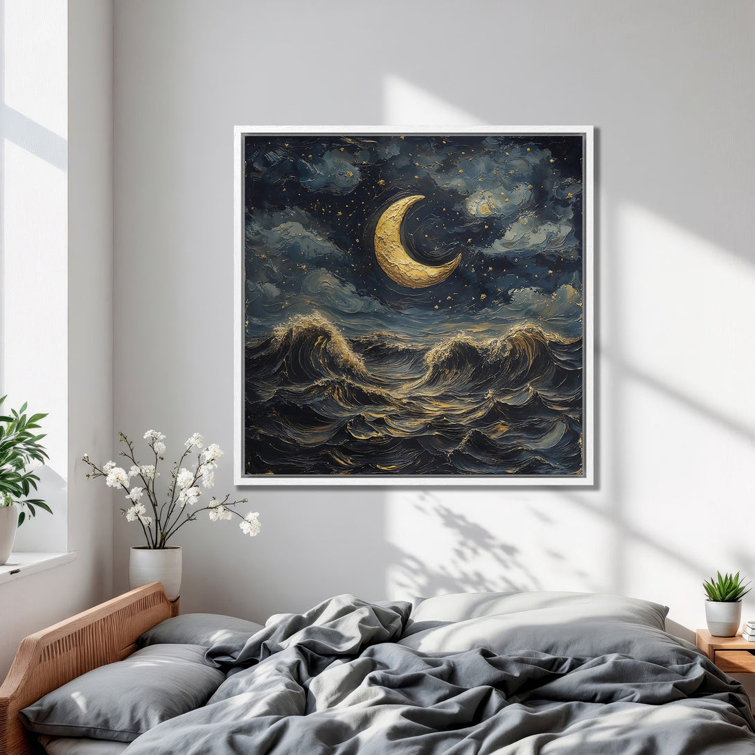 Framed Wall Art: Moonlit ocean scene in dark blue & gold tones. Dramatic, textured style. Perfect bedroom decor.