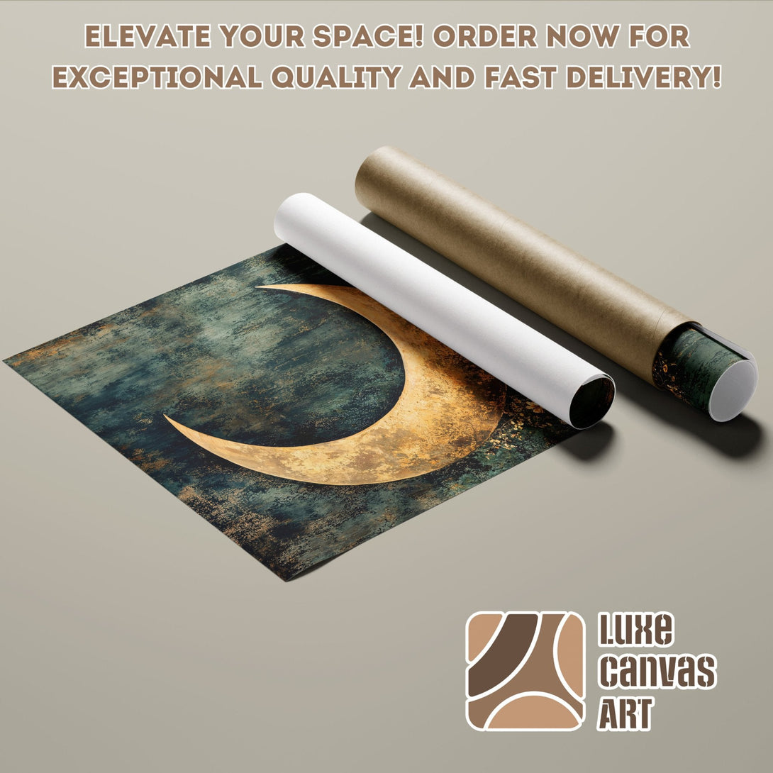 Abstract moon poster roll art in teal and gold. Elevate your space with this stunning poster!