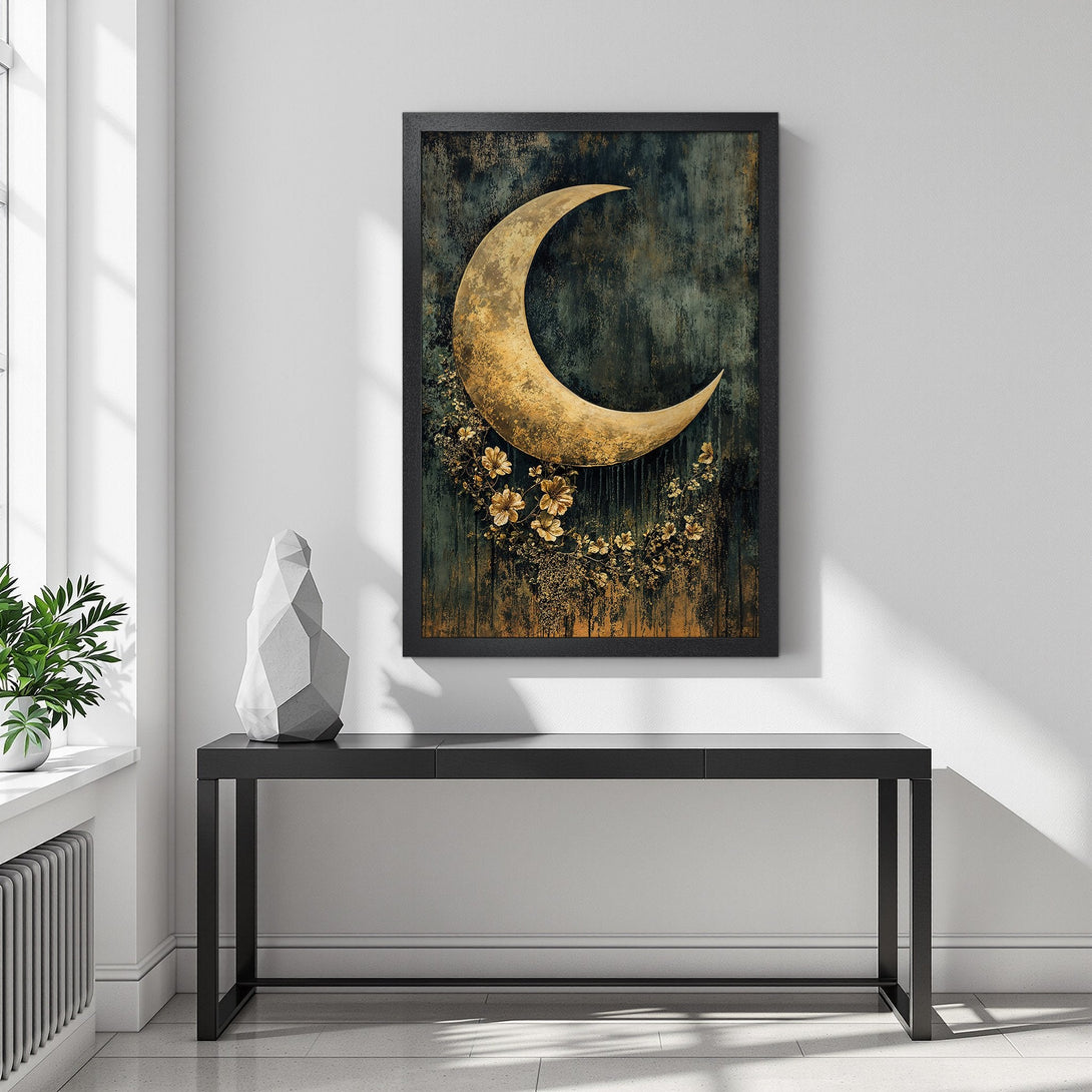 Framed Poster featuring a golden crescent moon and floral design. Dark teal and gold color palette, perfect wall art for any space.