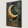 Golden Crescent Moon & Flowers Art Poster - Celestial Wall Decor