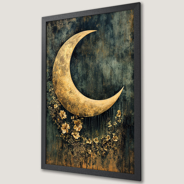 Framed Poster featuring a golden moon and floral design on a textured teal background. Elegant art print for your home decor.
