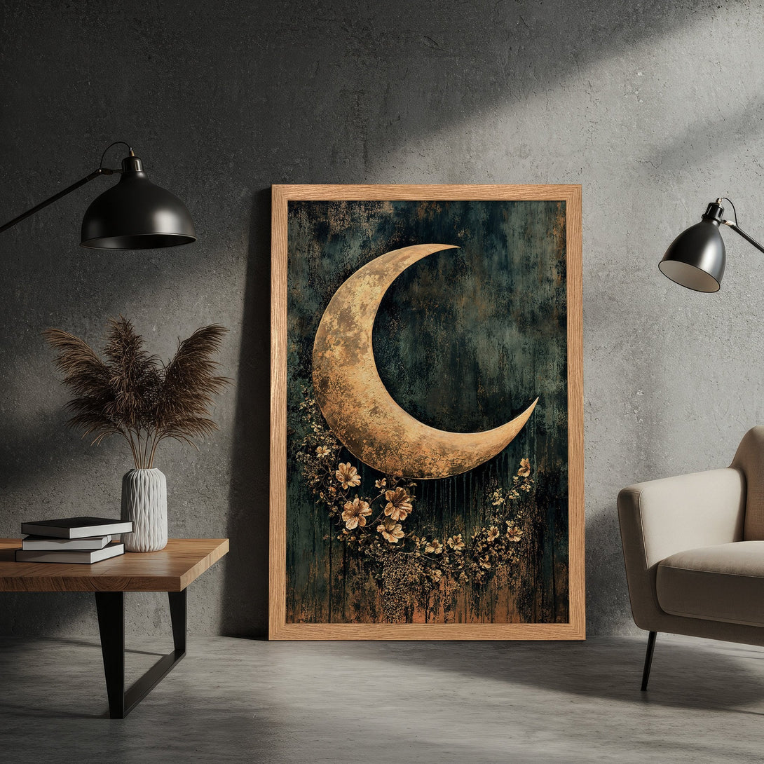 Framed Poster featuring a celestial crescent moon art print in a moody, vintage style with a teal and gold color palette.