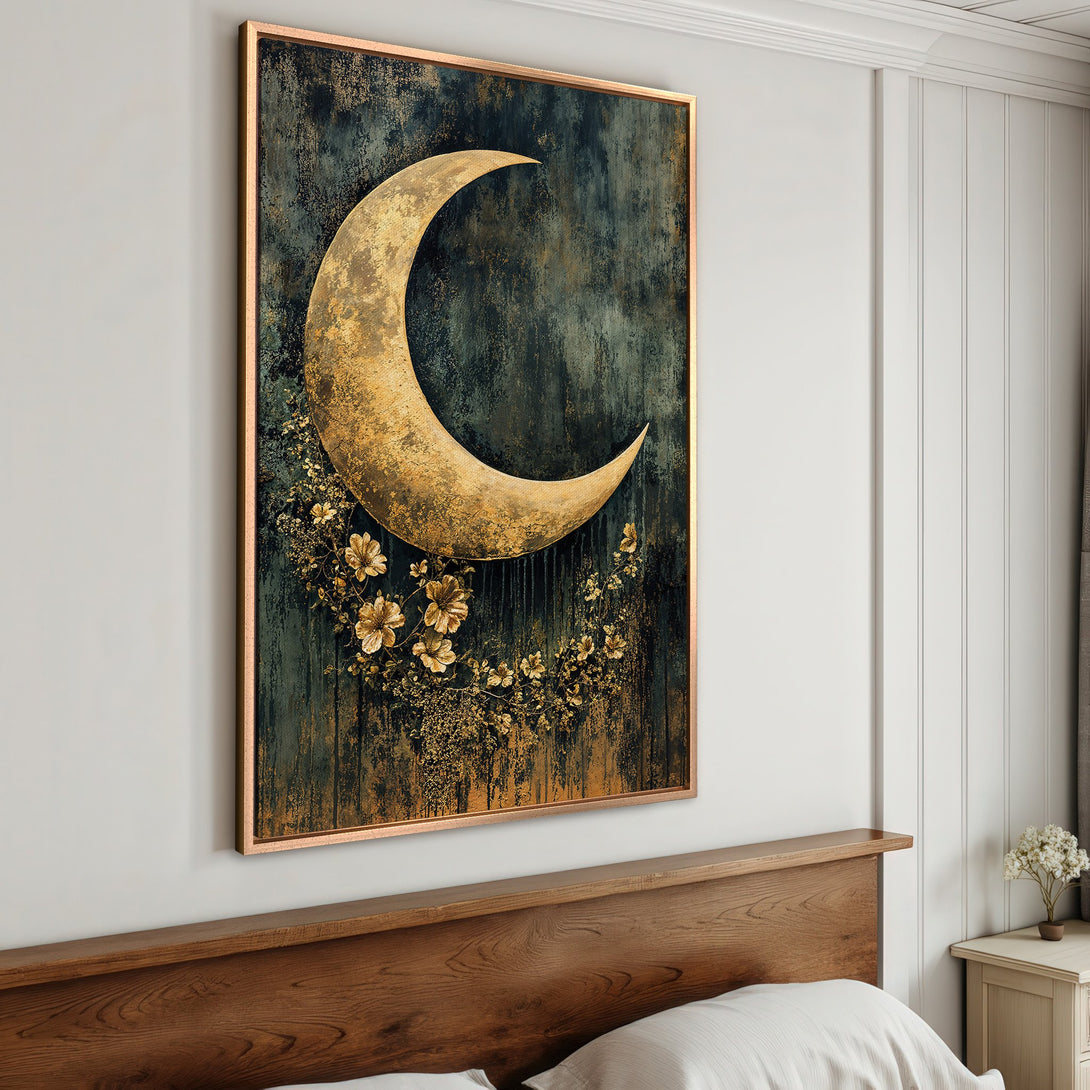 Framed Wall Art featuring a golden crescent moon and floral accents on a dark teal background. Perfect for adding a touch of celestial elegance to your space.