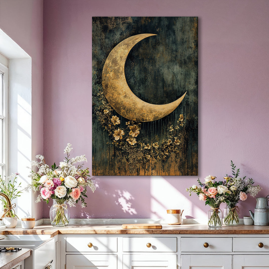 Framed Wall Art: Stunning gold moon art print in a modern interior. Dark teal & gold color palette, perfect for adding a touch of celestial elegance.