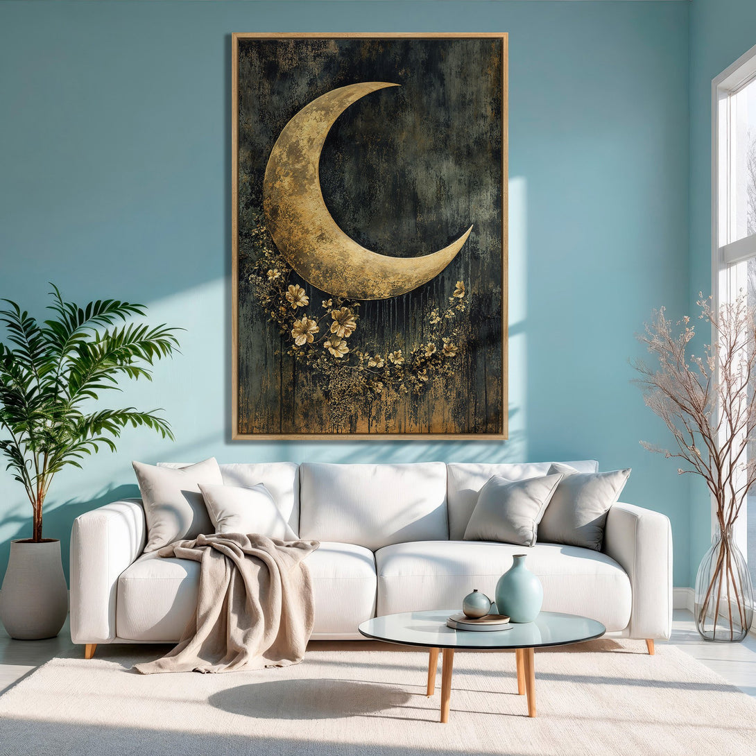 Framed Wall Art: Gold moon and floral design on dark background. Adds a touch of elegance with a neutral color palette. Perfect for living room decor.