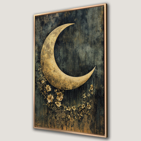 Framed Wall Art featuring a golden moon and floral design on a dark, textured background. Elegant and sophisticated art with a warm, earthy color palette.