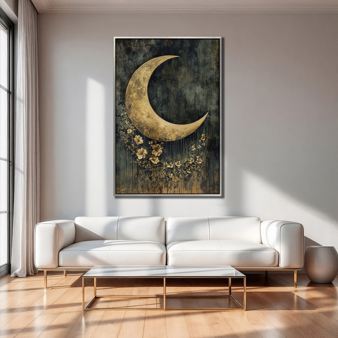 Framed Wall Art: Abstract gold crescent moon art print with dark teal and gold color palette. Modern decor for living room or bedroom.