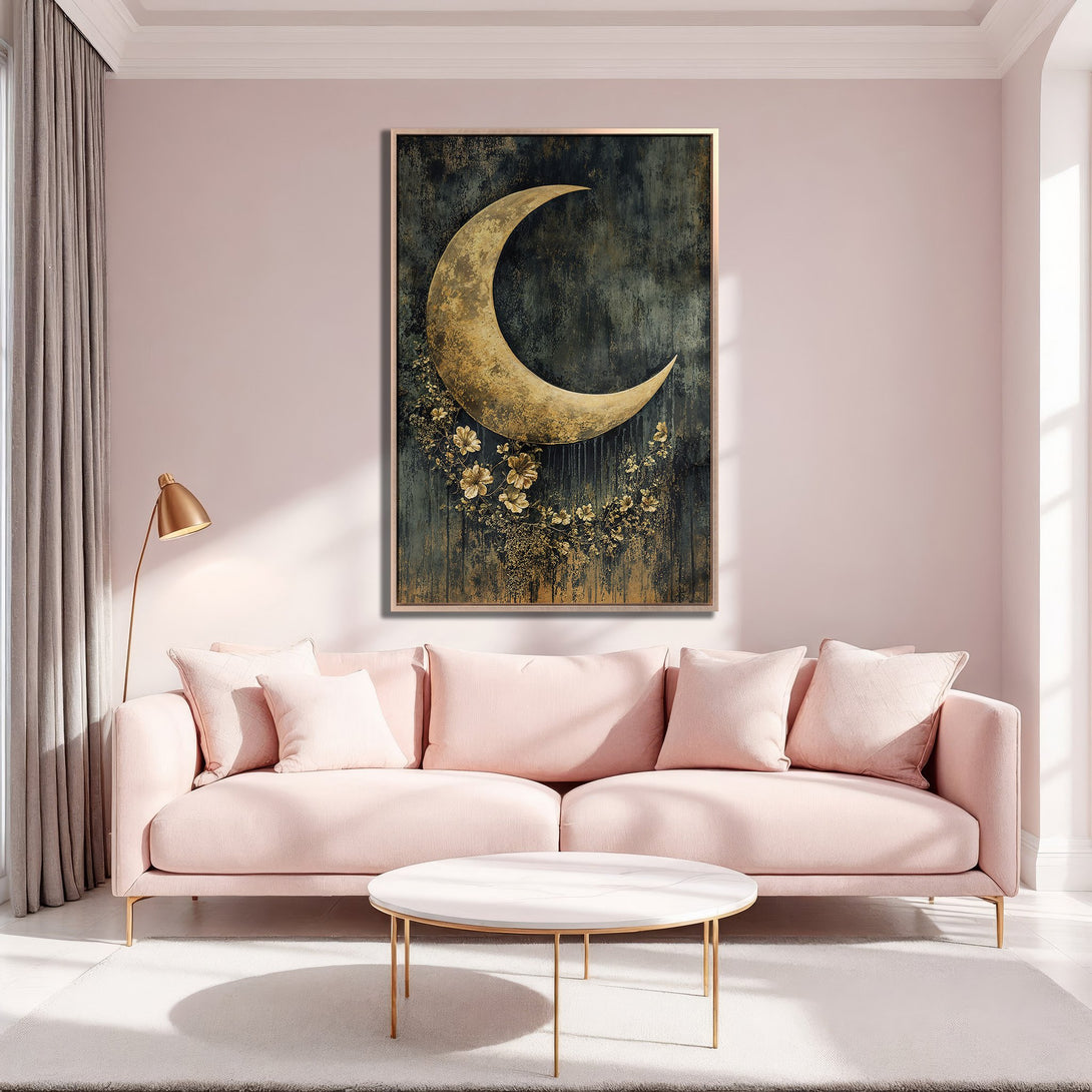 Framed Wall Art featuring a golden moon & floral design. Modern style in a pink and gold color palette, perfect for any living room.