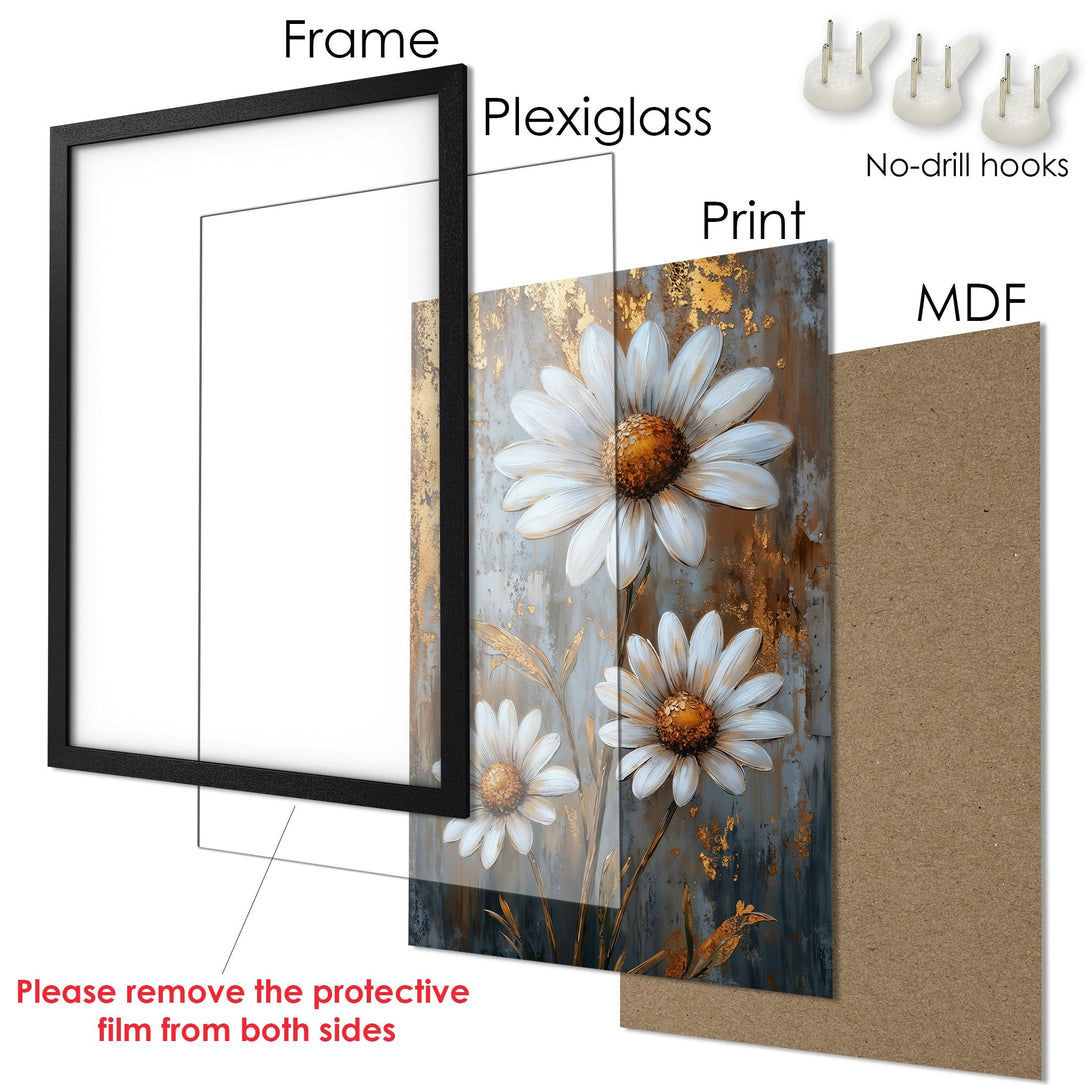 Framed Poster featuring daisy artwork with a textured, abstract style and a neutral color palette with gold accents. Perfect wall decor!