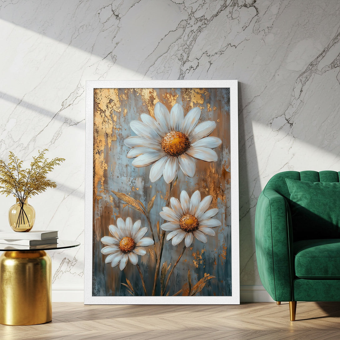 Framed Poster featuring white daisies with gold accents, artistic style, on a teal and gold background. Perfect wall art!