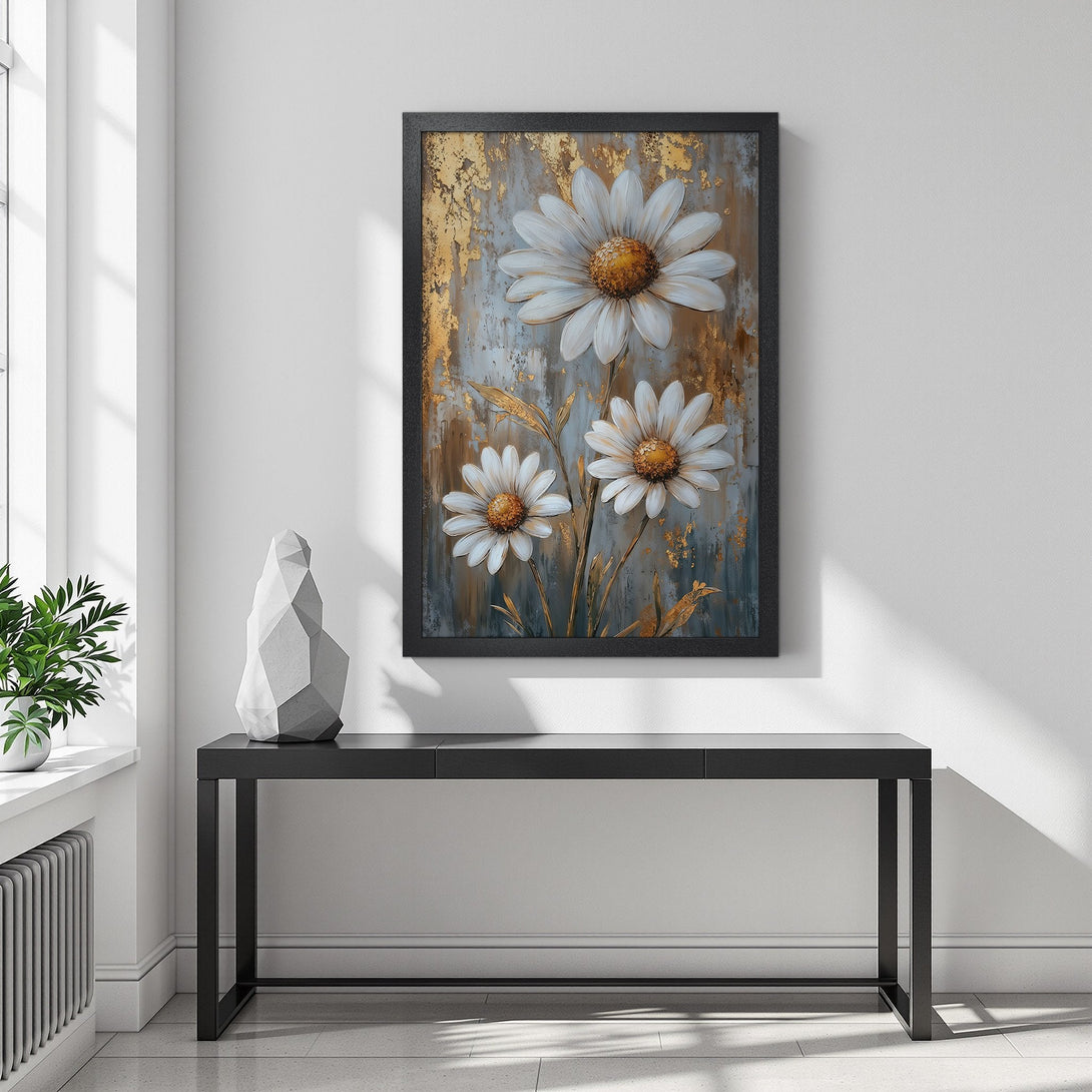 Framed Poster featuring white daisies with gold accents on a textured background. A beautiful floral art print in a neutral color palette.