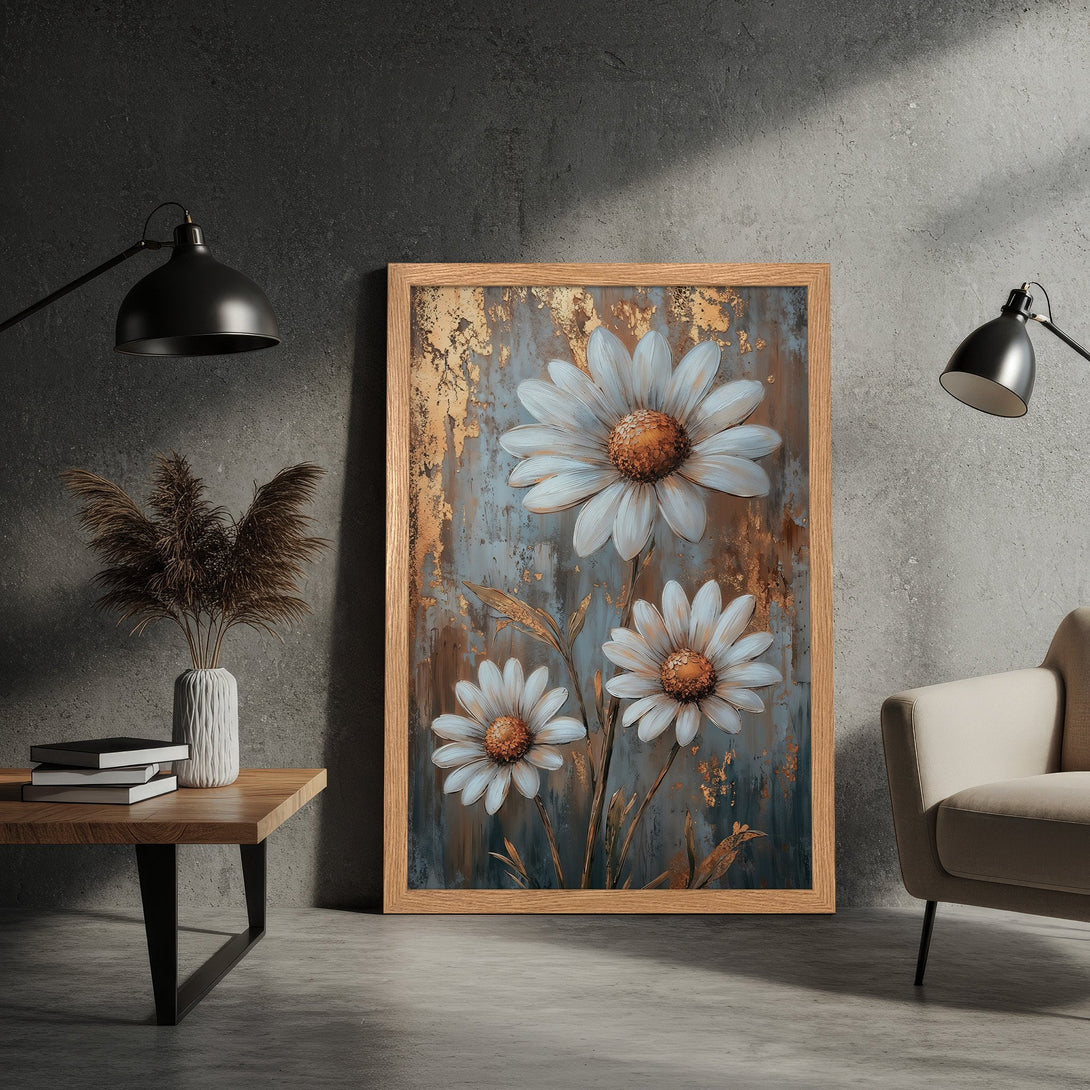 Framed Poster featuring daisy flowers in an abstract style, with a muted blue, brown, and gold color palette. Perfect wall art!