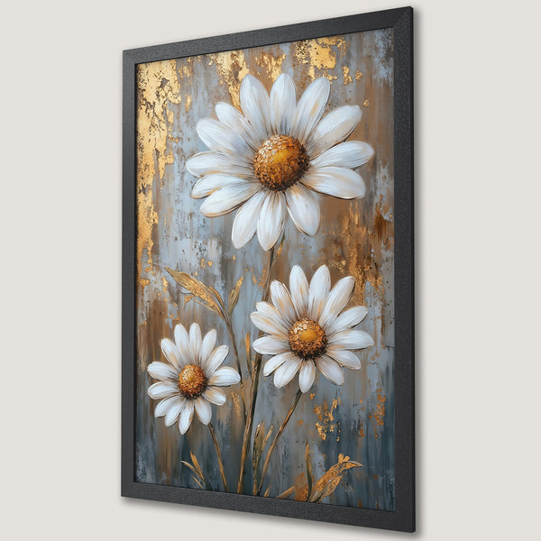 Framed Poster featuring white daisies with gold accents on a textured background. Elegant floral art with a neutral color palette.