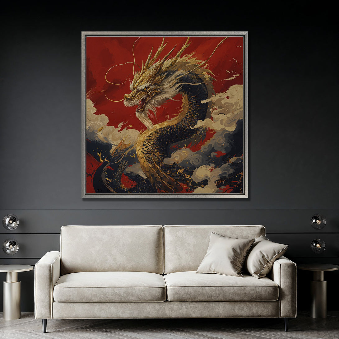 Framed Wall Art featuring a majestic golden dragon against a red backdrop. This Canvas Print adds a touch of elegance with its striking color palette.
