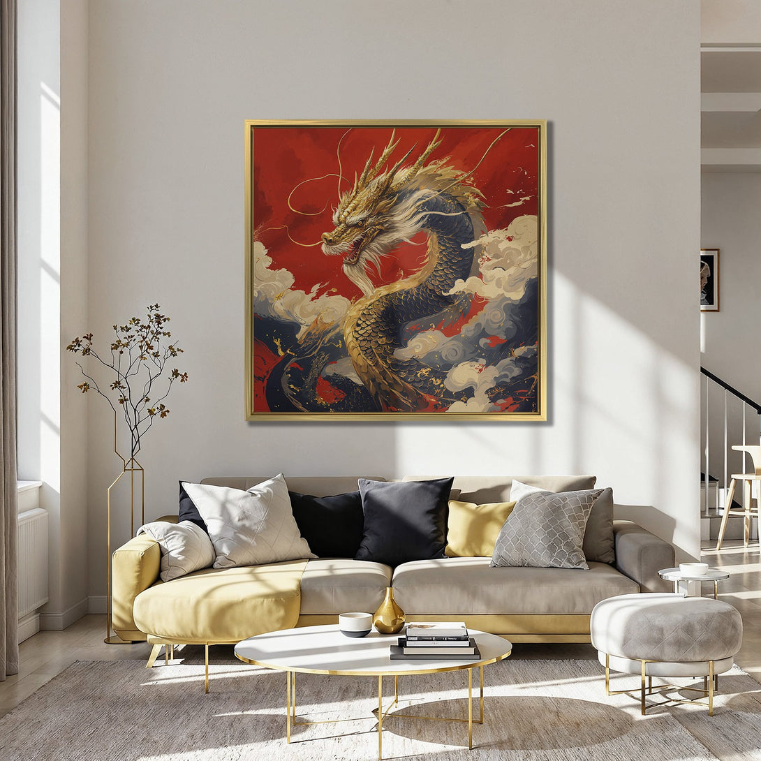 Canvas Print of a majestic golden dragon against a red sky. Bold, artistic style with a striking red, gold, and black color palette.