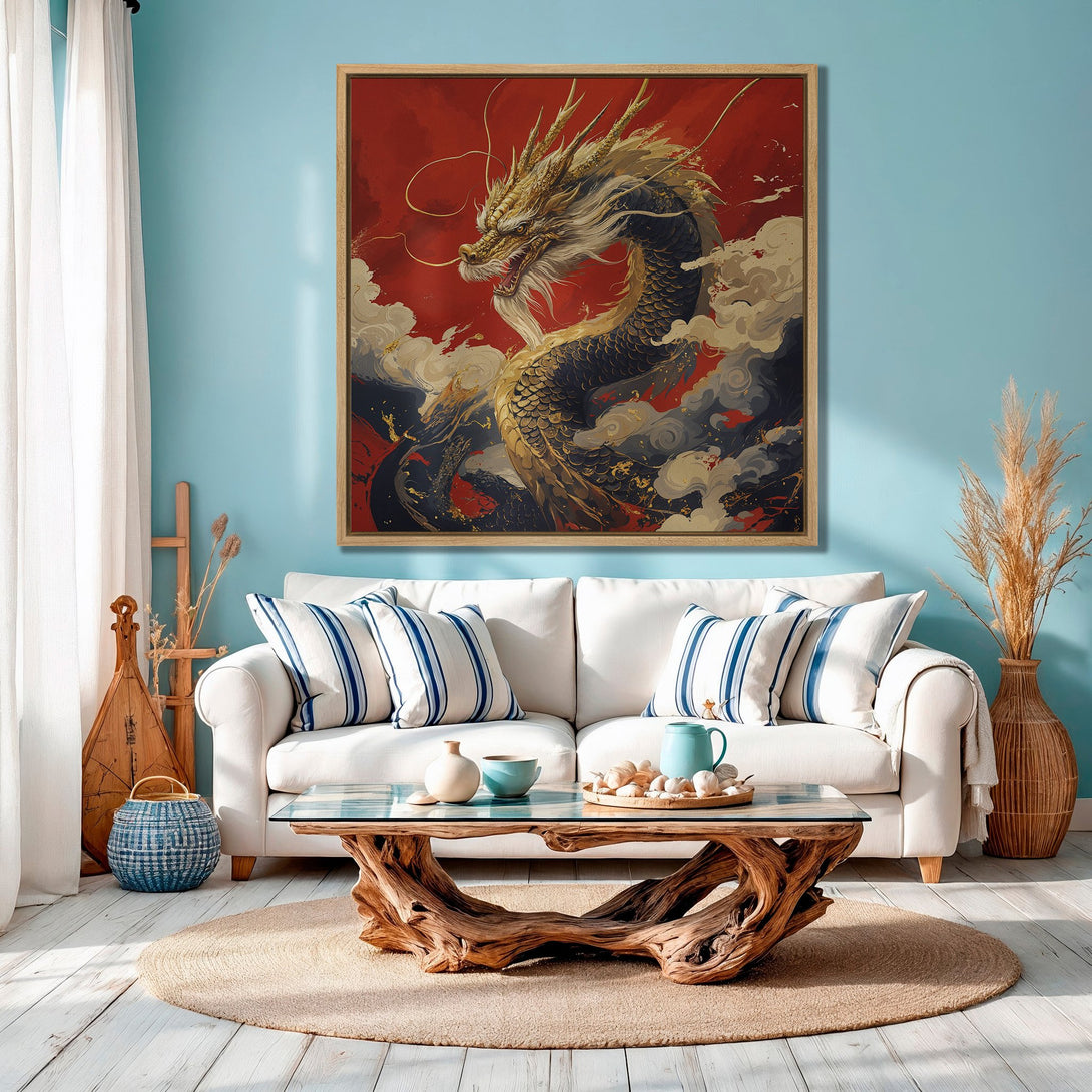 Framed Wall Art featuring a majestic golden dragon against a red backdrop. Adds a touch of Asian-inspired art with a bold color palette to any room.