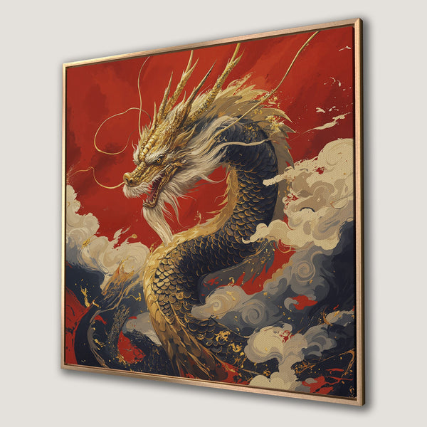 Framed Wall Art: Majestic golden dragon canvas print with a bold red background. Stunning Asian-inspired art with a rich, dramatic color palette. Elevate your decor!