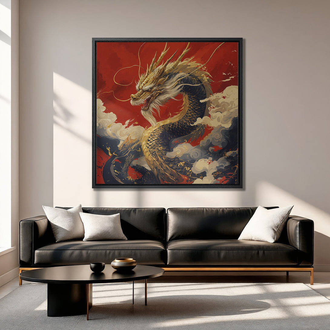 Framed Wall Art: Majestic dragon canvas print in a modern interior. Features bold red, gold, and navy color palette. Elevate your space with this stunning artwork!