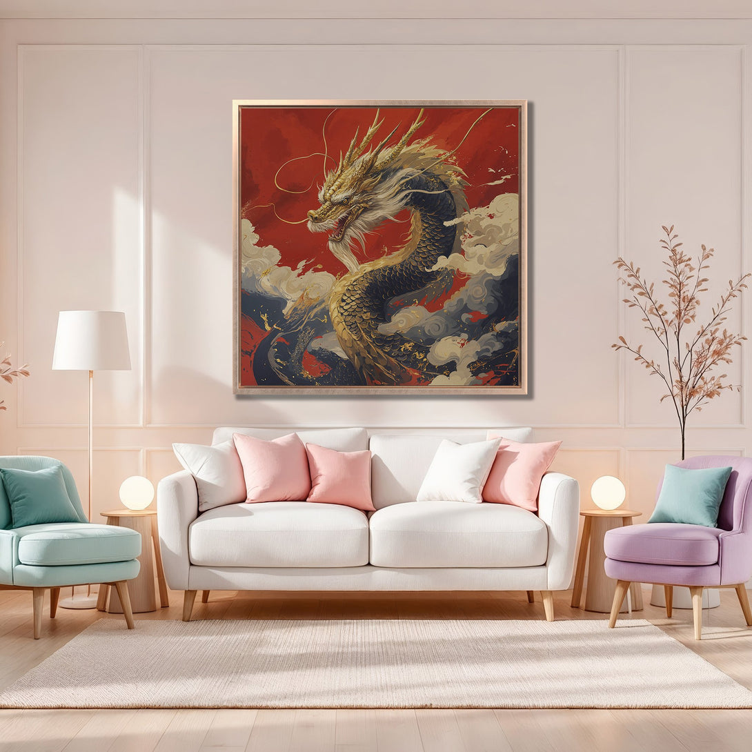 Framed Wall Art featuring a majestic golden dragon against a red backdrop. Asian-inspired art with a bold, warm color palette. Perfect for home decor.