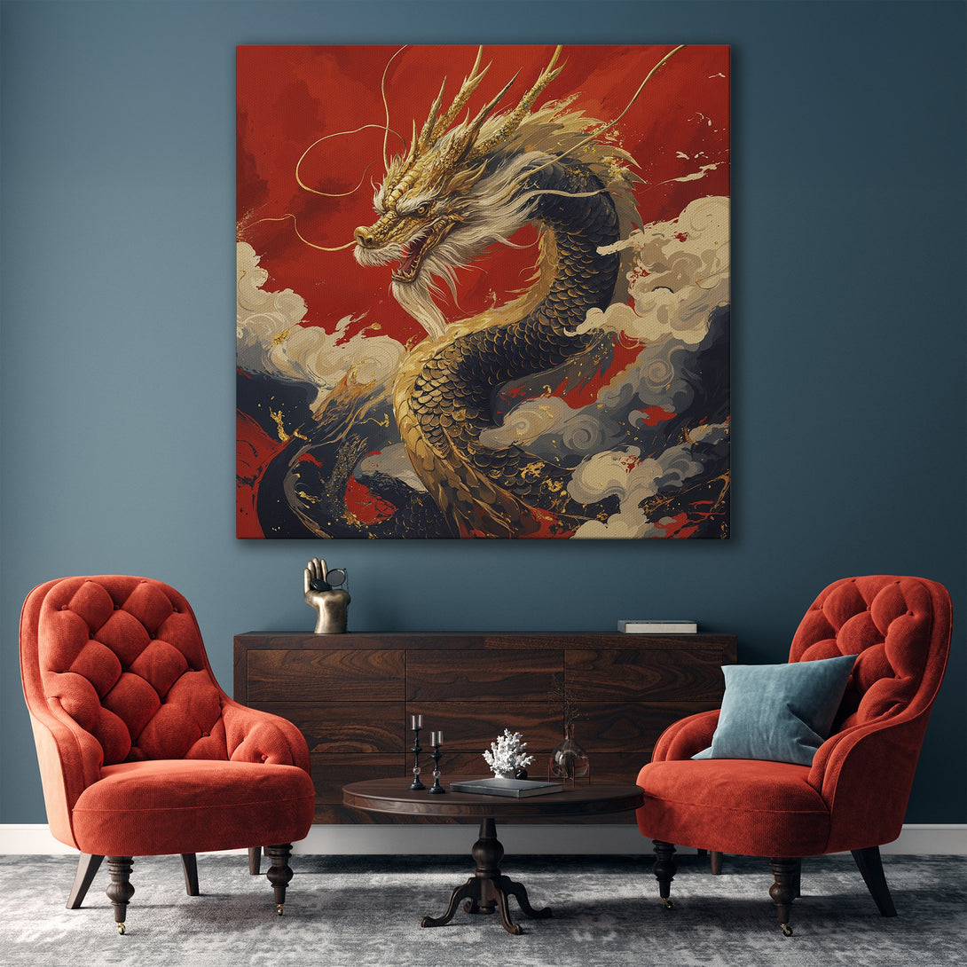 Framed Wall Art: Majestic dragon canvas print in a vibrant red, gold, and navy color palette. Perfect for adding a touch of Asian-inspired art to your home.