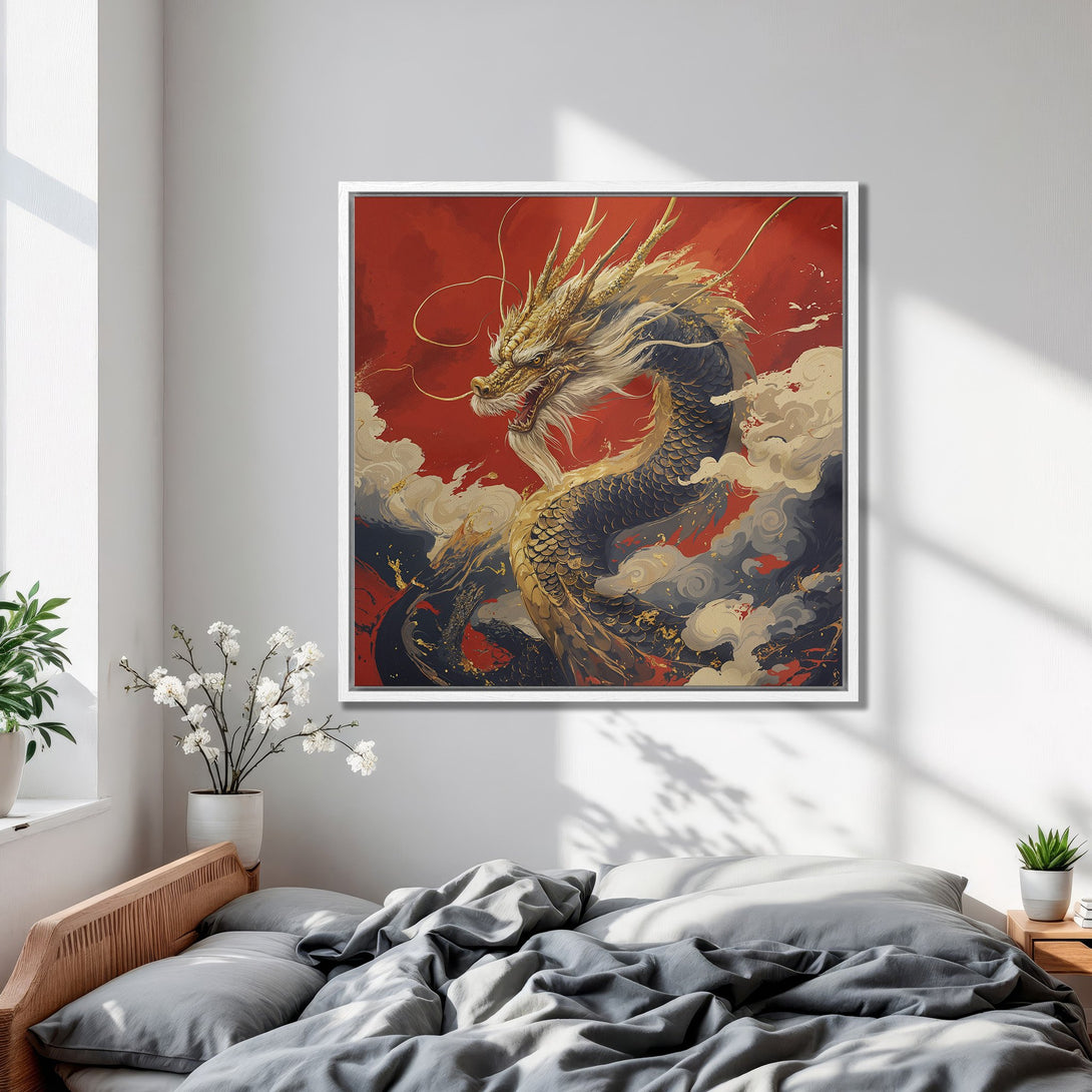 Framed Wall Art: Majestic dragon canvas print in a bedroom. Bold red, gold, and navy color palette. Transform your space with this stunning artwork!