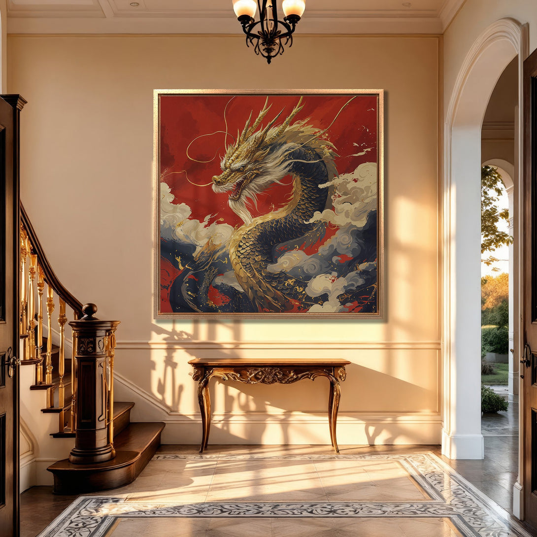 Framed Wall Art: Majestic dragon canvas print in a classic interior. Features a vibrant red, gold, and blue color palette. Elevate your home decor with this stunning artwork!