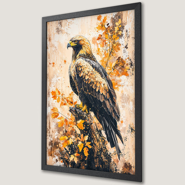 Framed Poster featuring a majestic eagle in a painterly style with warm orange and brown tones. Perfect wall art for your home!
