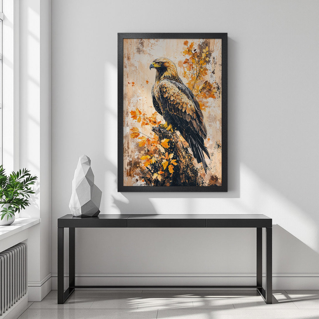 Framed Poster featuring a majestic eagle art print, warm earth tones. Perfect wall decor for any home.