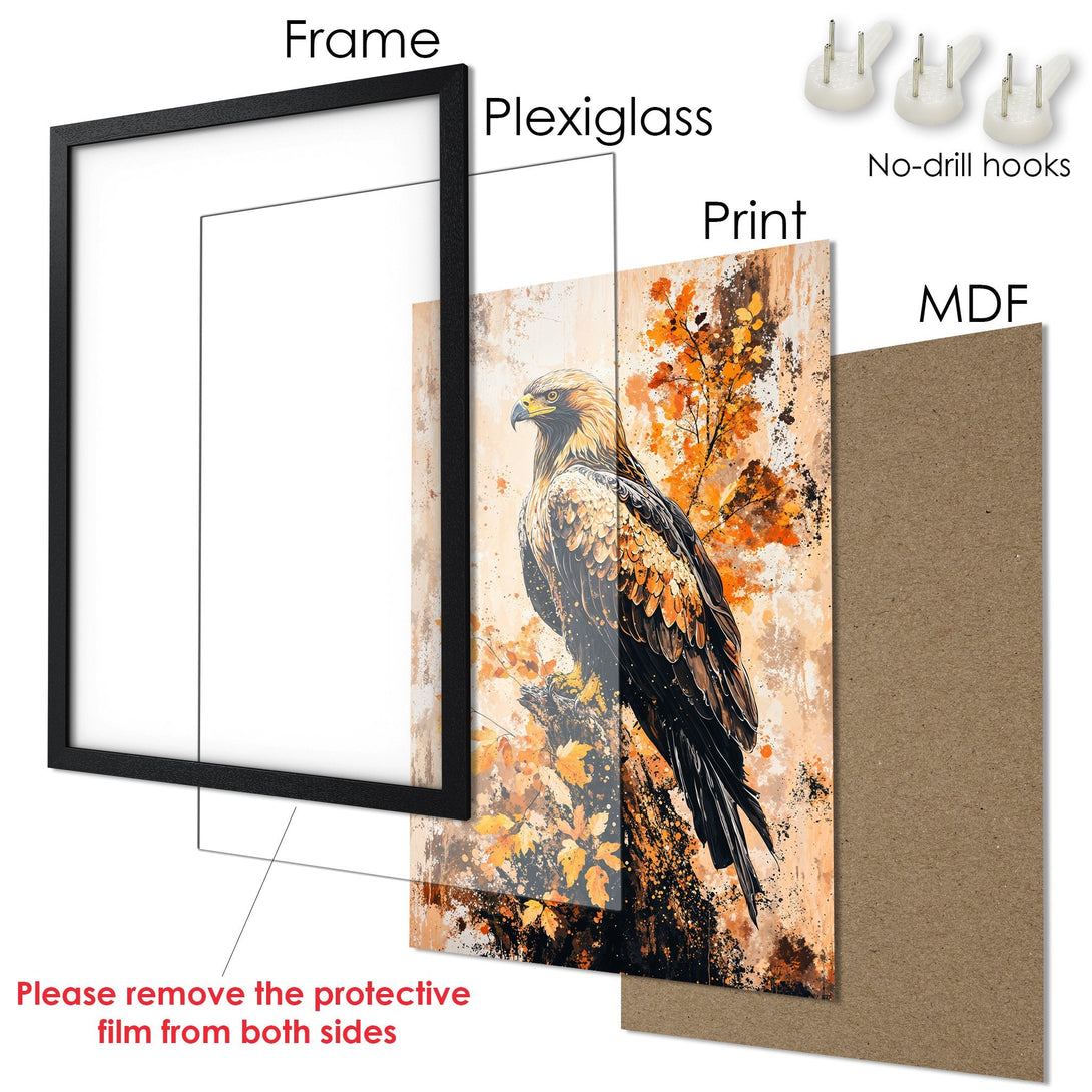 Framed Poster featuring an eagle in an abstract style with warm orange and brown tones. Perfect wall art for any room.