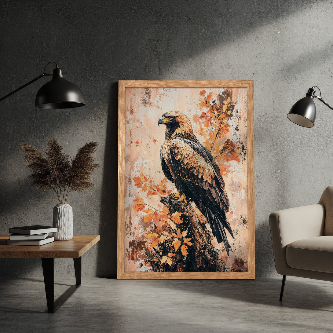 Framed Poster featuring an eagle in a painterly style with warm orange and brown tones. Perfect wall art for any room!