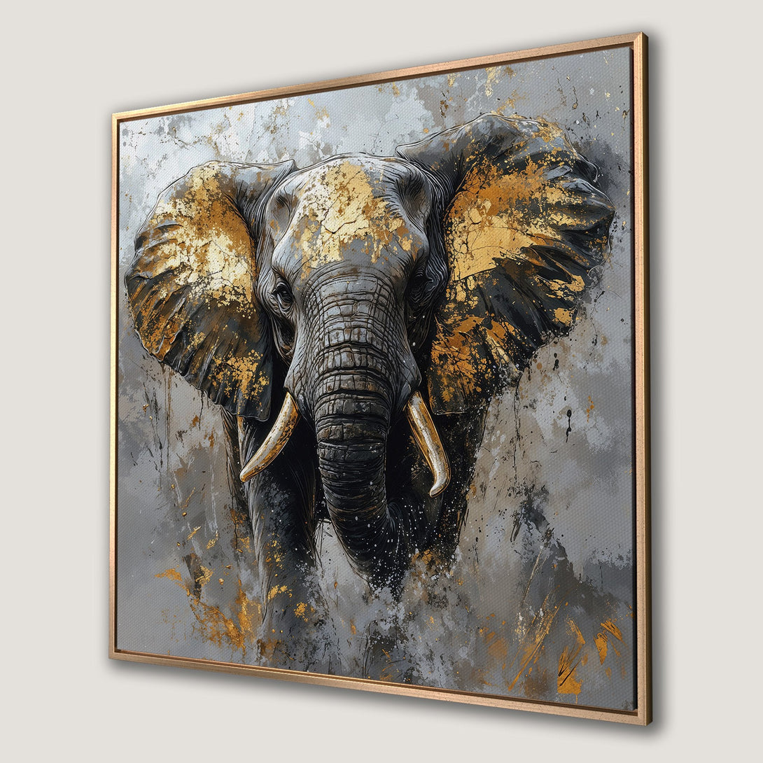 Framed Wall Art: Majestic elephant portrait in gold & gray. Modern canvas print adds a touch of luxury & style to any space. Shop now!