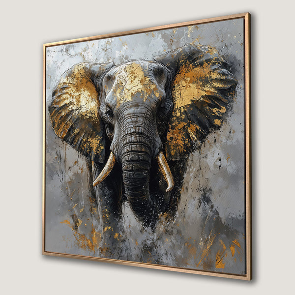 Framed Wall Art: Majestic elephant portrait in gold & gray. Modern canvas print adds a touch of luxury & style to any space. Shop now!