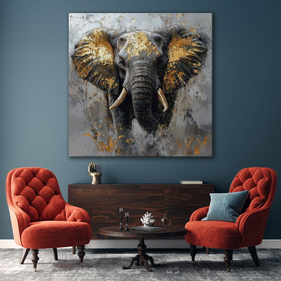 Framed Wall Art: Majestic elephant portrait in gold, gray, and black tones. Modern abstract style Canvas Print adds elegance to any living space.