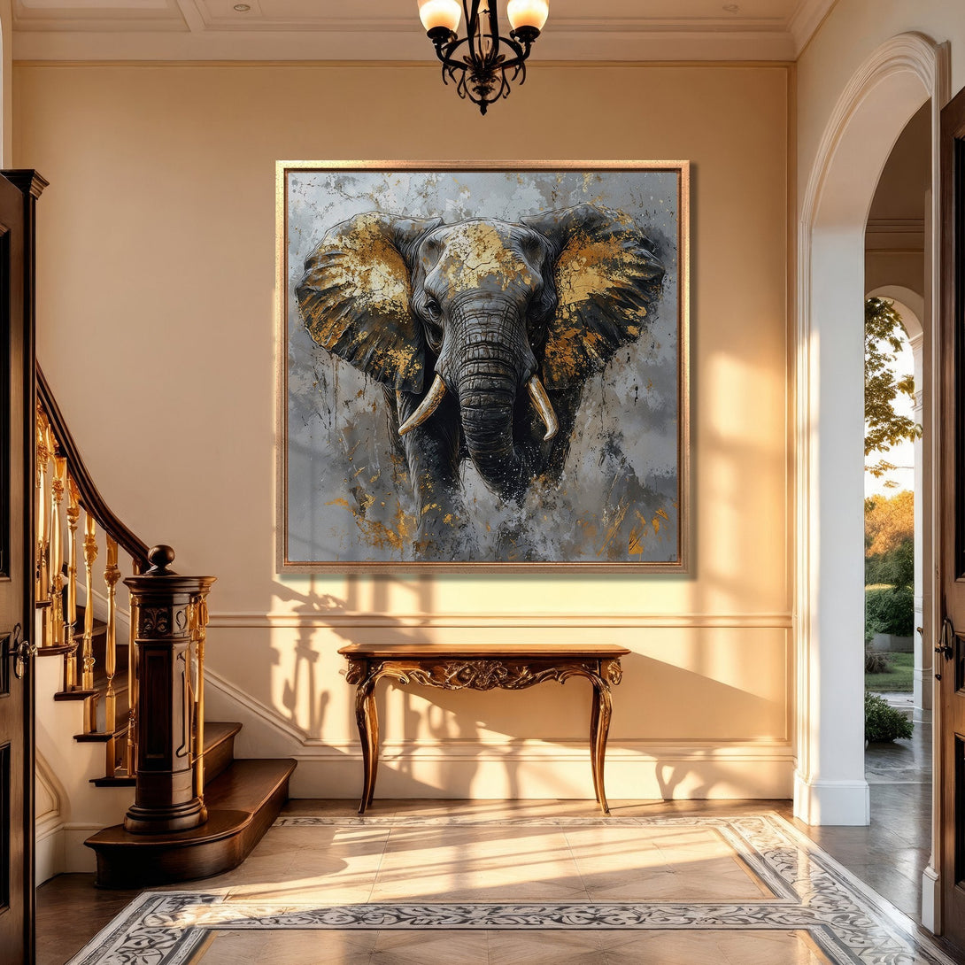 Framed Wall Art: Majestic elephant portrait in gold and gray tones. Modern abstract style Canvas Print, perfect for luxury home decor.