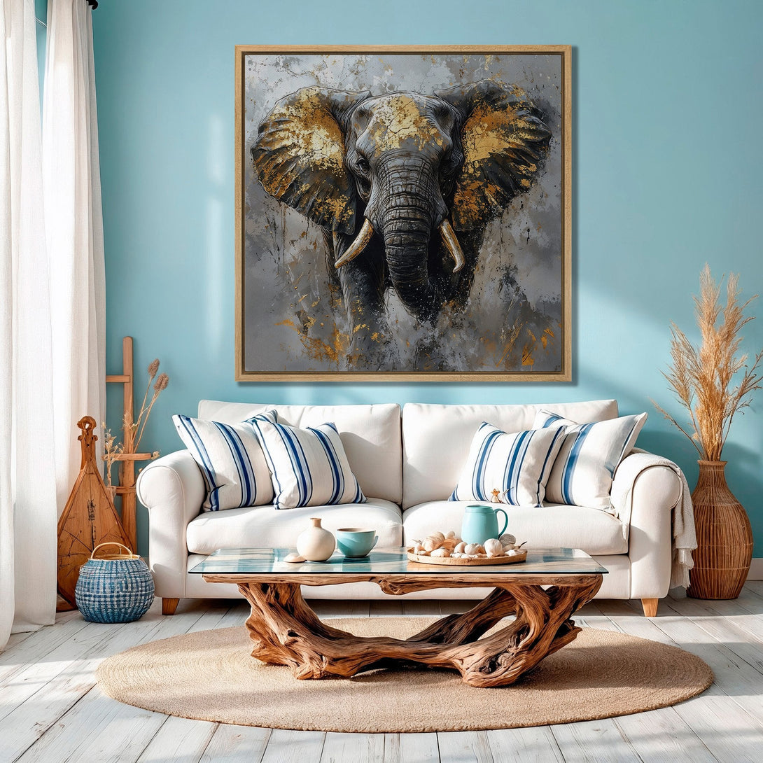 Framed Wall Art: Majestic elephant portrait in gold, gray, and black. Modern abstract style Canvas Print adds a touch of wild elegance to any space.