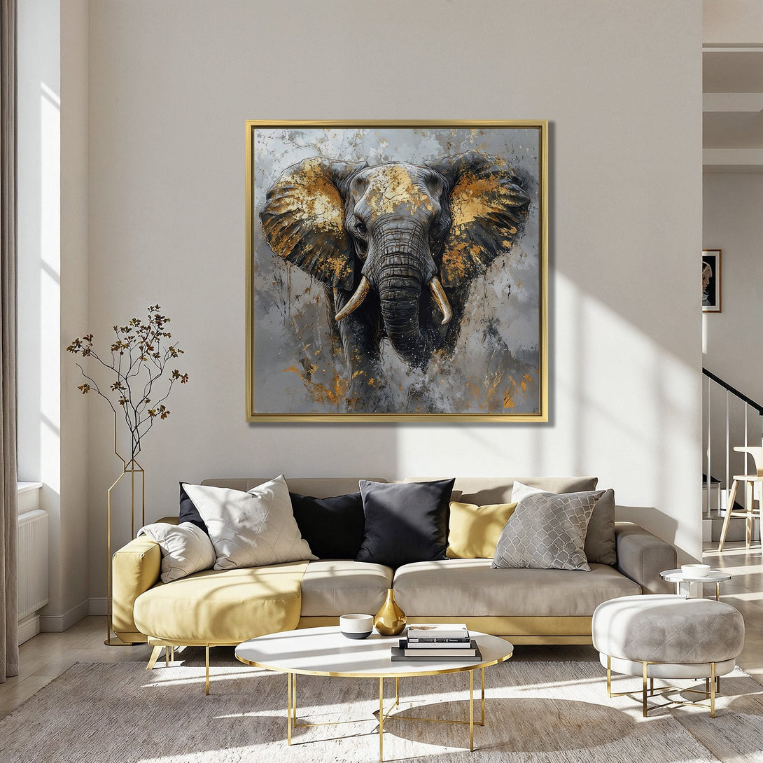 Canvas Print of an elephant in gold and grey abstract style, displayed in a modern interior with orange chairs and a blue wall.