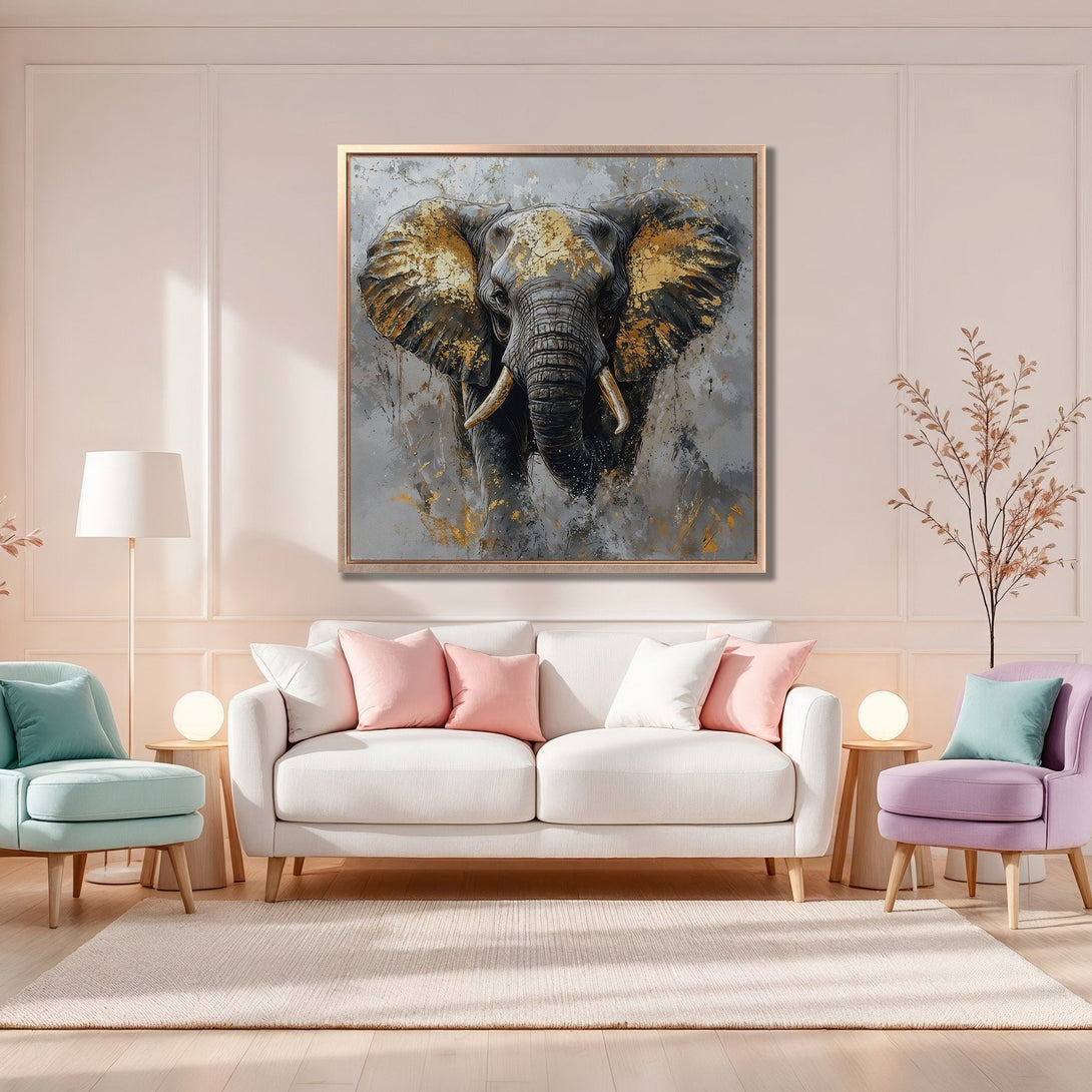 Framed Wall Art: Stunning elephant painting in gold and gray tones. Perfect for modern decor. Elevate your space with this captivating Canvas Print!
