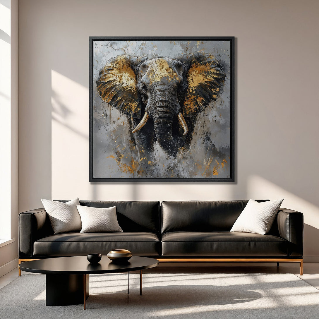 Framed Wall Art: Stunning elephant portrait in gold, gray, and black. Modern abstract style canvas print for living room decor. Shop now for unique art!