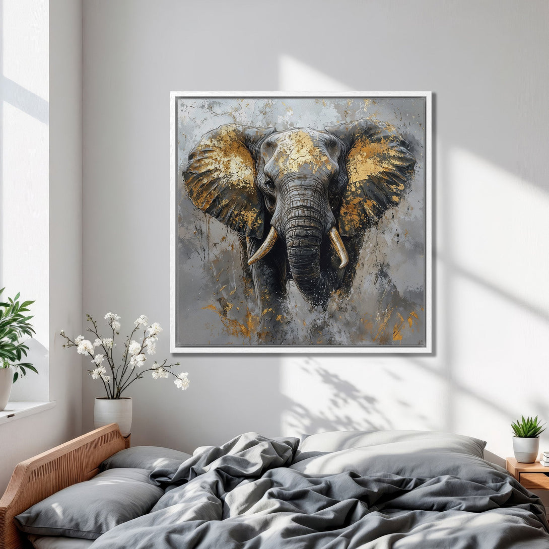 Framed Wall Art of an elephant in a modern, abstract style. Features a gray and gold color palette, perfect for adding a touch of elegance to any space.