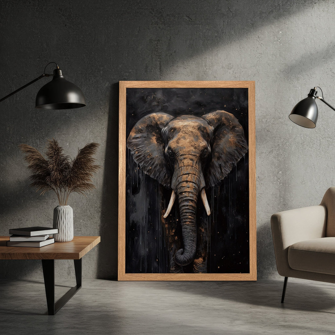 Framed Poster of an elephant in a modern, dark style with gold accents. Perfect wall art for your home!