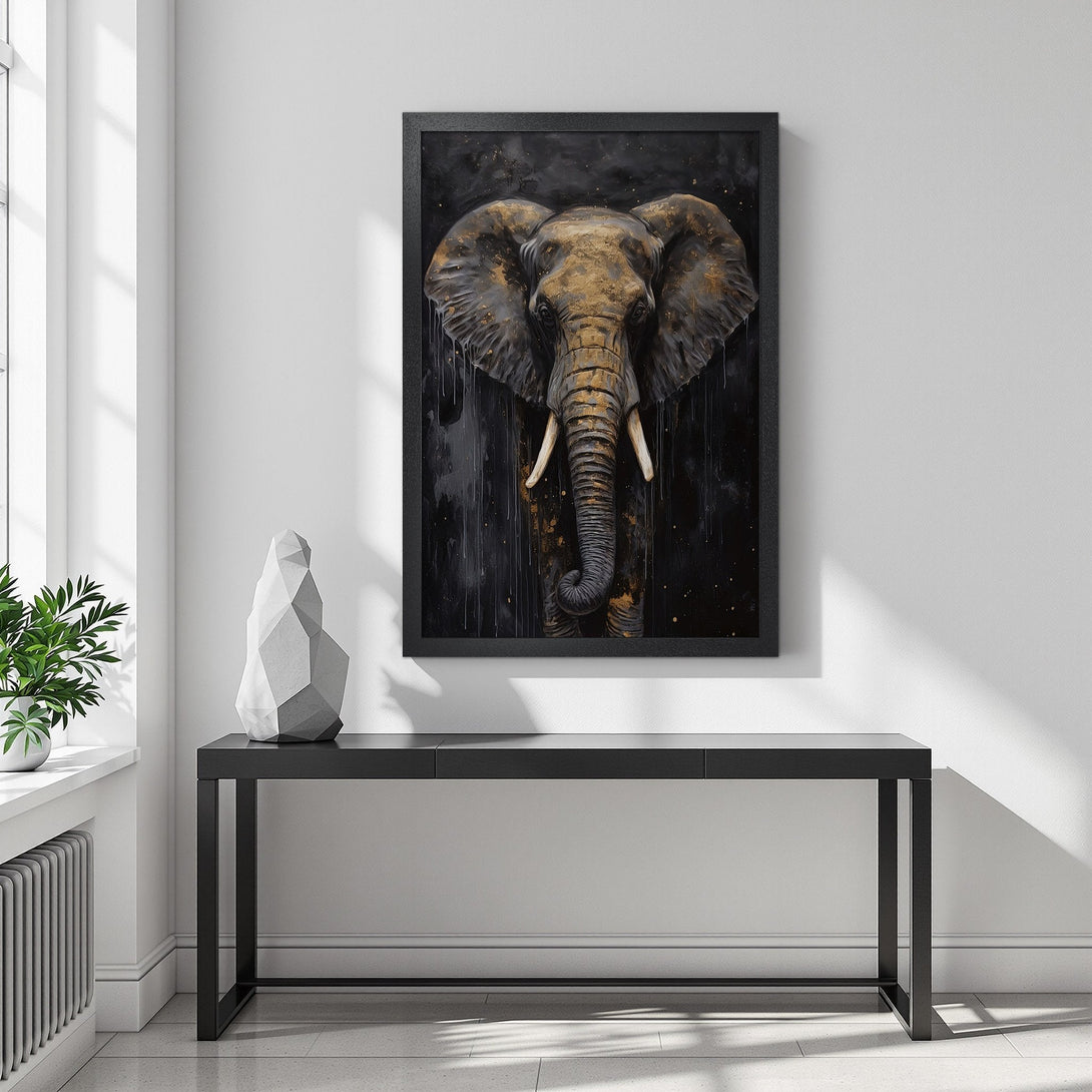 Framed Poster featuring an elephant portrait in a dark, artistic style with gold accents. Perfect wall art!