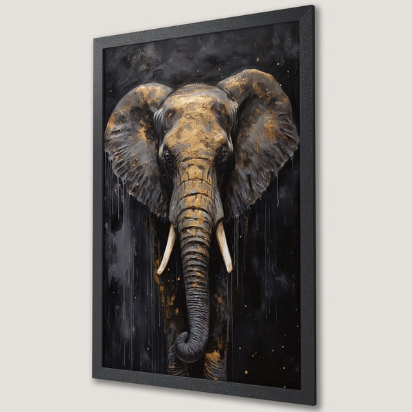 Framed Poster: Majestic elephant art print in black, gold, and white. Modern animal wall decor for your home.