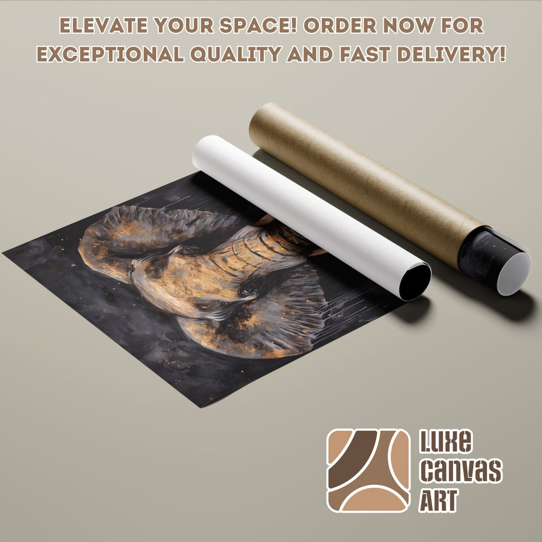Poster Roll featuring an abstract elephant art print in black, gold, and neutral tones. Elevate your space!