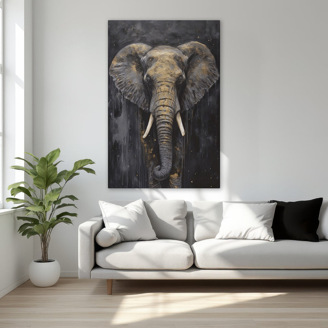 Framed Wall Art: Majestic elephant portrait in black & gold, adding luxury to any space. Modern, abstract style with a rich, dark color palette.
