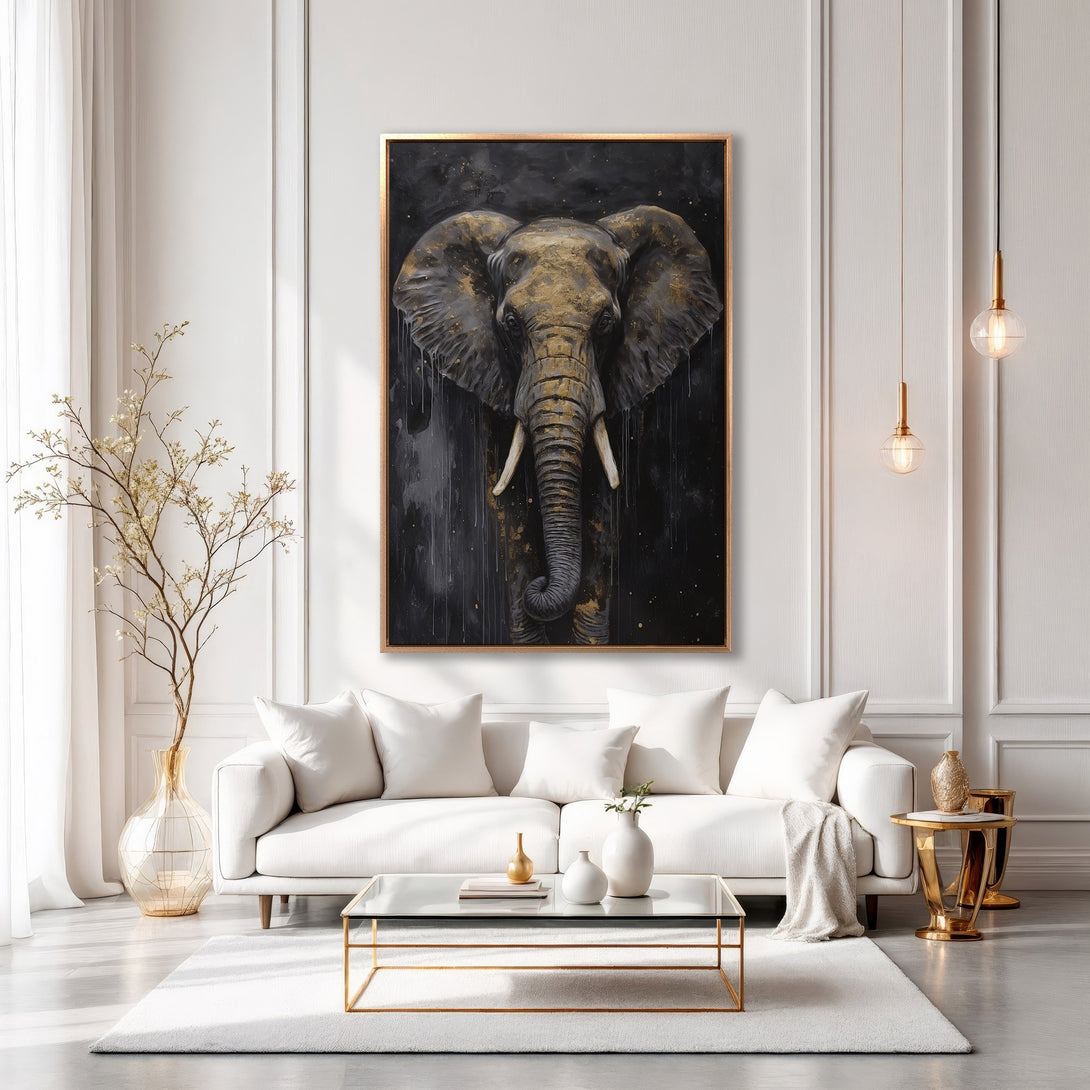 Framed Wall Art: Majestic elephant portrait in gold and black, adding luxury to any space. Modern art with a neutral, elegant color palette.