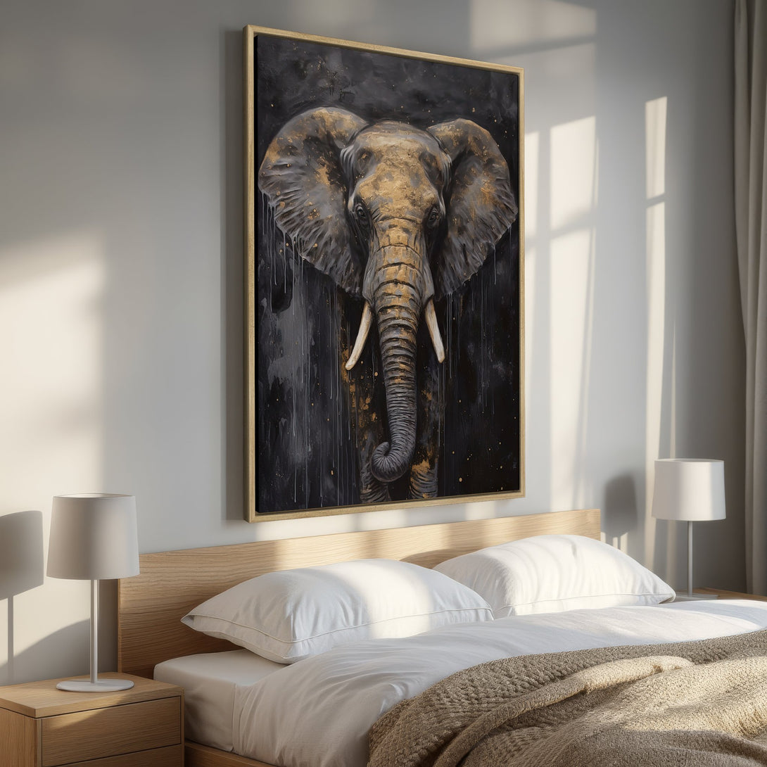 Framed Wall Art: Majestic elephant portrait in black & gold. Modern canvas print adds a touch of luxury to any bedroom decor. Shop now!