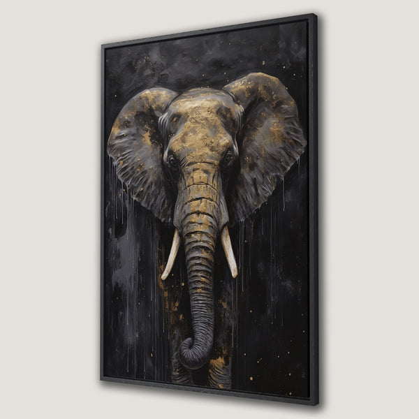 Framed Wall Art: Majestic elephant portrait in gold and black. Add a touch of luxury with this stunning canvas print to elevate your home decor.