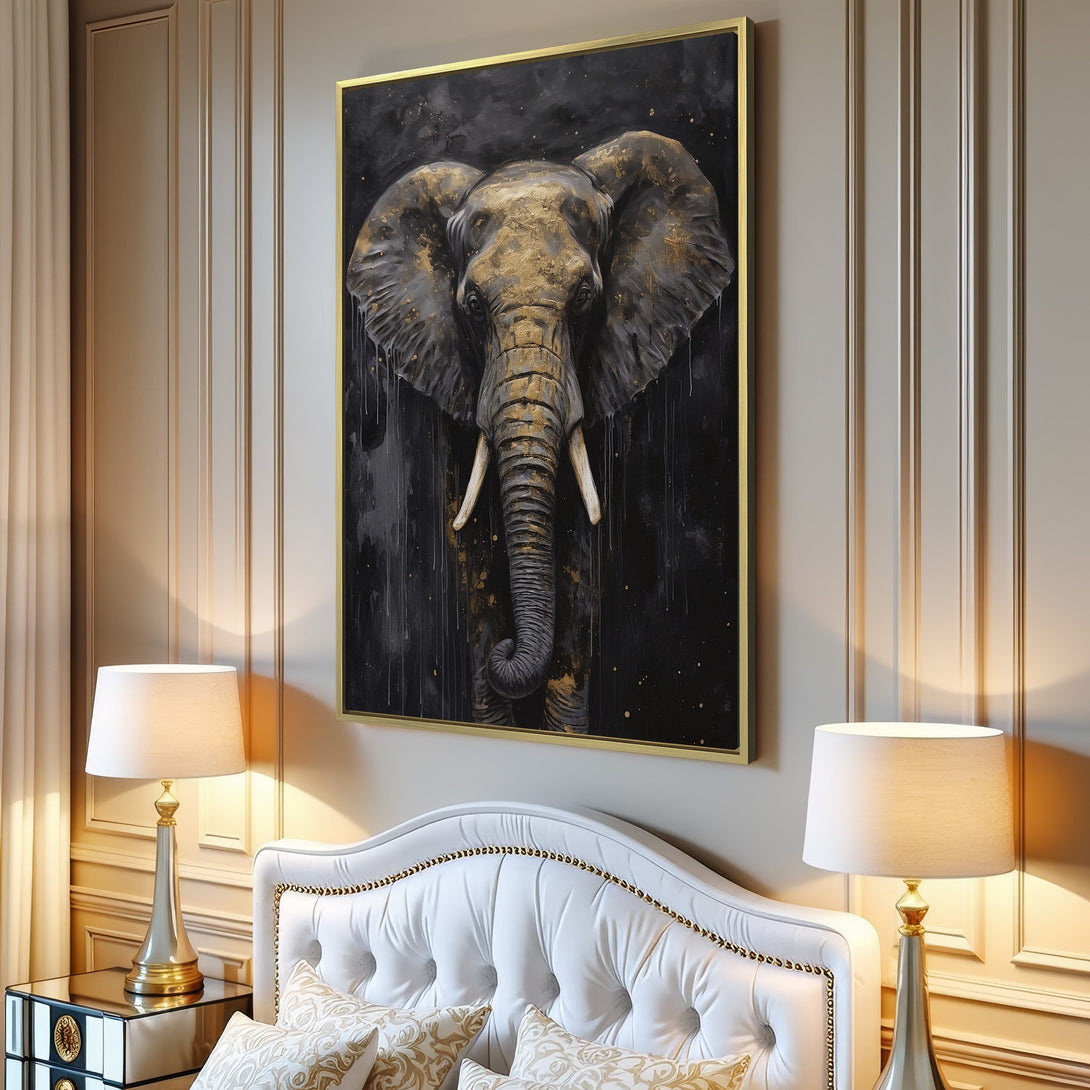 Canvas Print of an elegant elephant painting in gold and black, displayed in a modern interior. Perfect wall art for any room.
