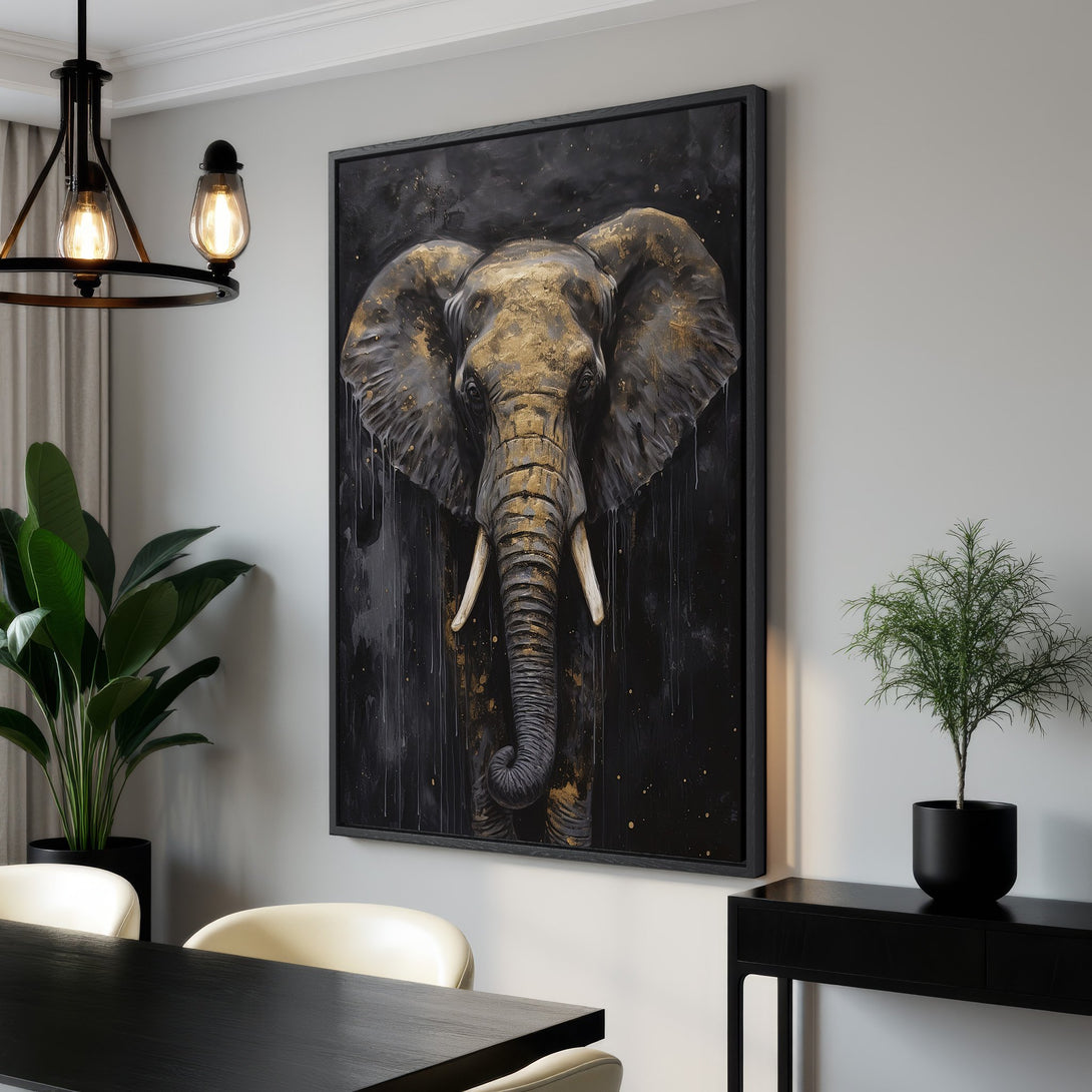 Framed Wall Art: Majestic elephant canvas print in a modern style with a black and gold color palette, perfect for adding a touch of luxury to any space.